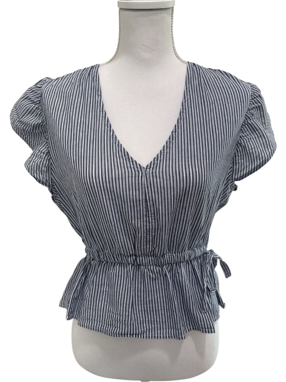 Habitual blue and White Striped 100% Cotton Peplum sinch waist Blouse-small